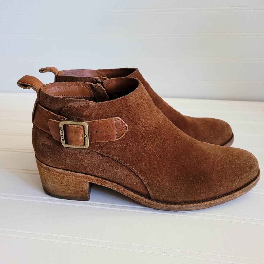 Kork Ease Ankle Boots Size 7 Brown Suede Mesa Side Zips Stacked Heel Western